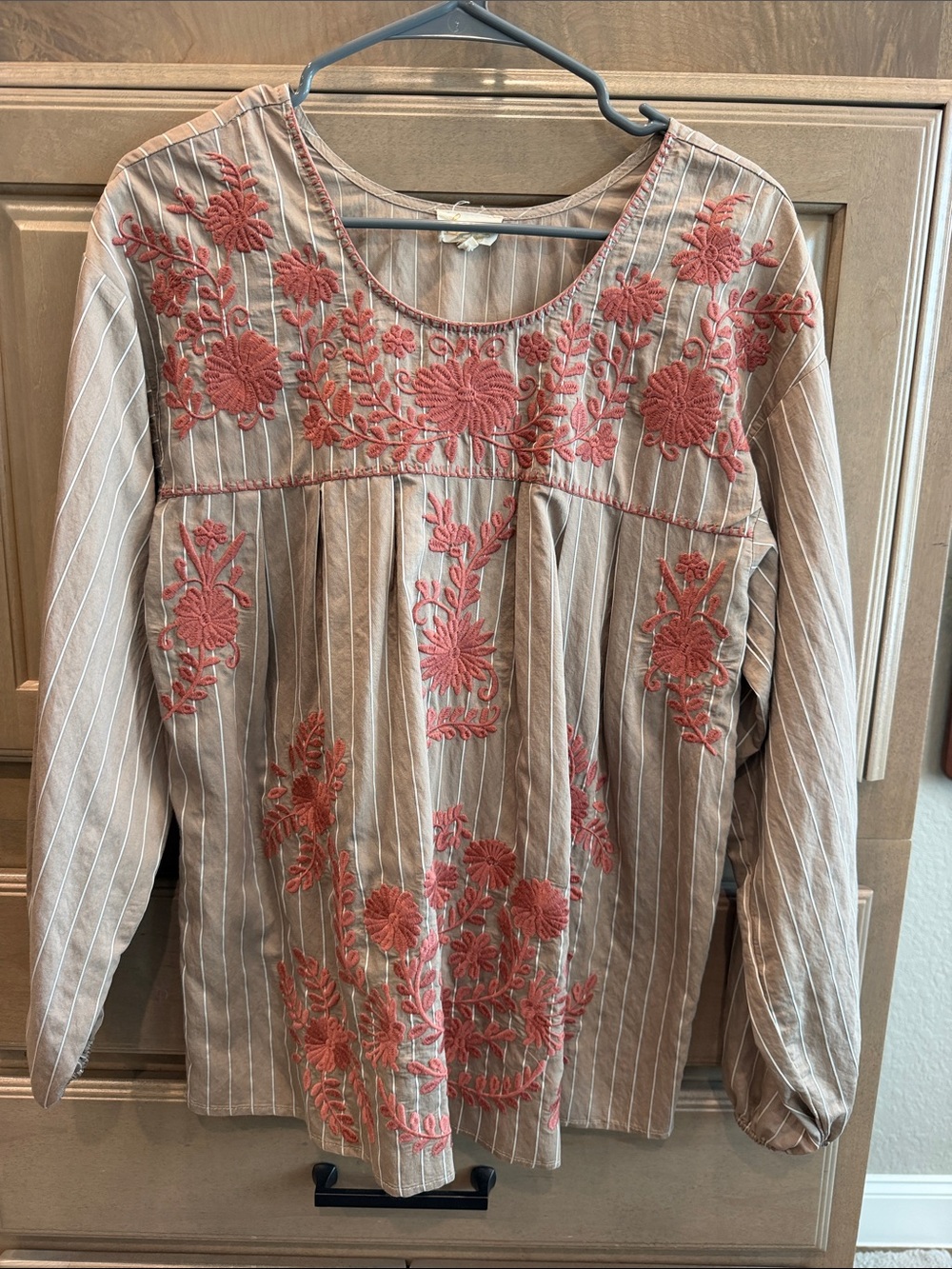 Women's Pinstripe Embroidered Peasant Top with Coral Floral Accents